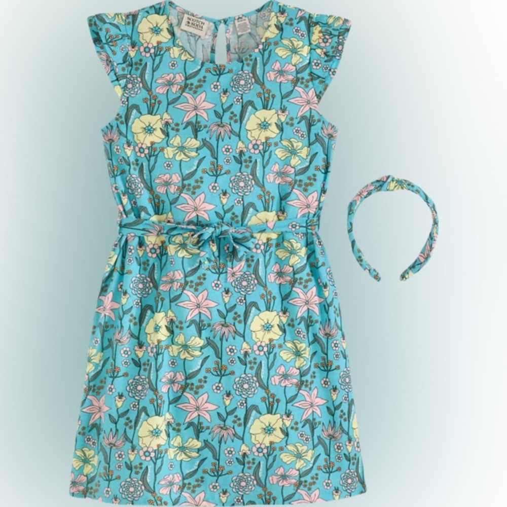 Girls Blue and Yellow Flower Dress with matching headband Scotch & Soda size 4